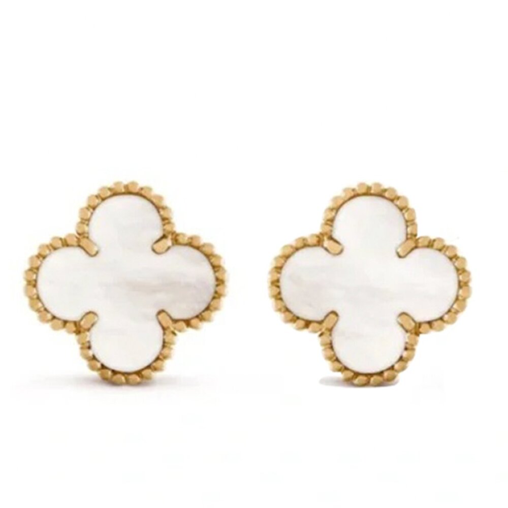 18K Gold Plated Over 925 Sterling Silver Mother of Pearl Clover Stud Earrings